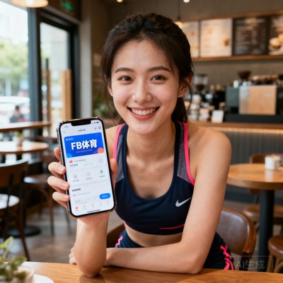 一位穿着休闲运动装的年轻女性用户头像，背景为咖啡馆，她手拿手机展示FB体育应用界面，表情愉悦